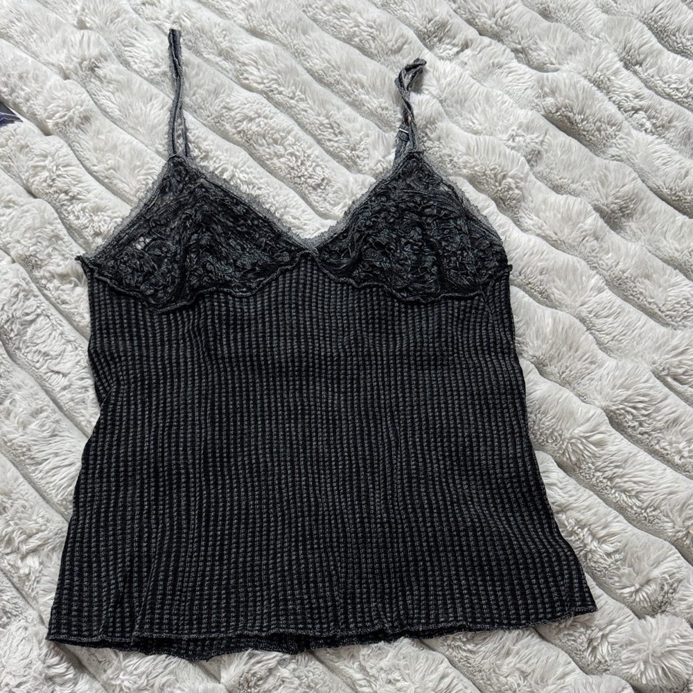 Free People Black Lace-Trim Ribbed Tank - Picture 1 of 4